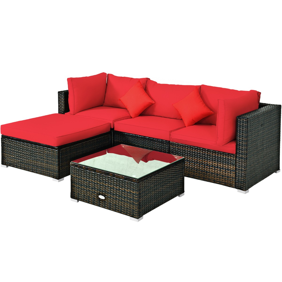 Patiojoy 5PCS Outdoor Rattan Furniture Set Sectional Wicker Sofa Set w/ Cushions