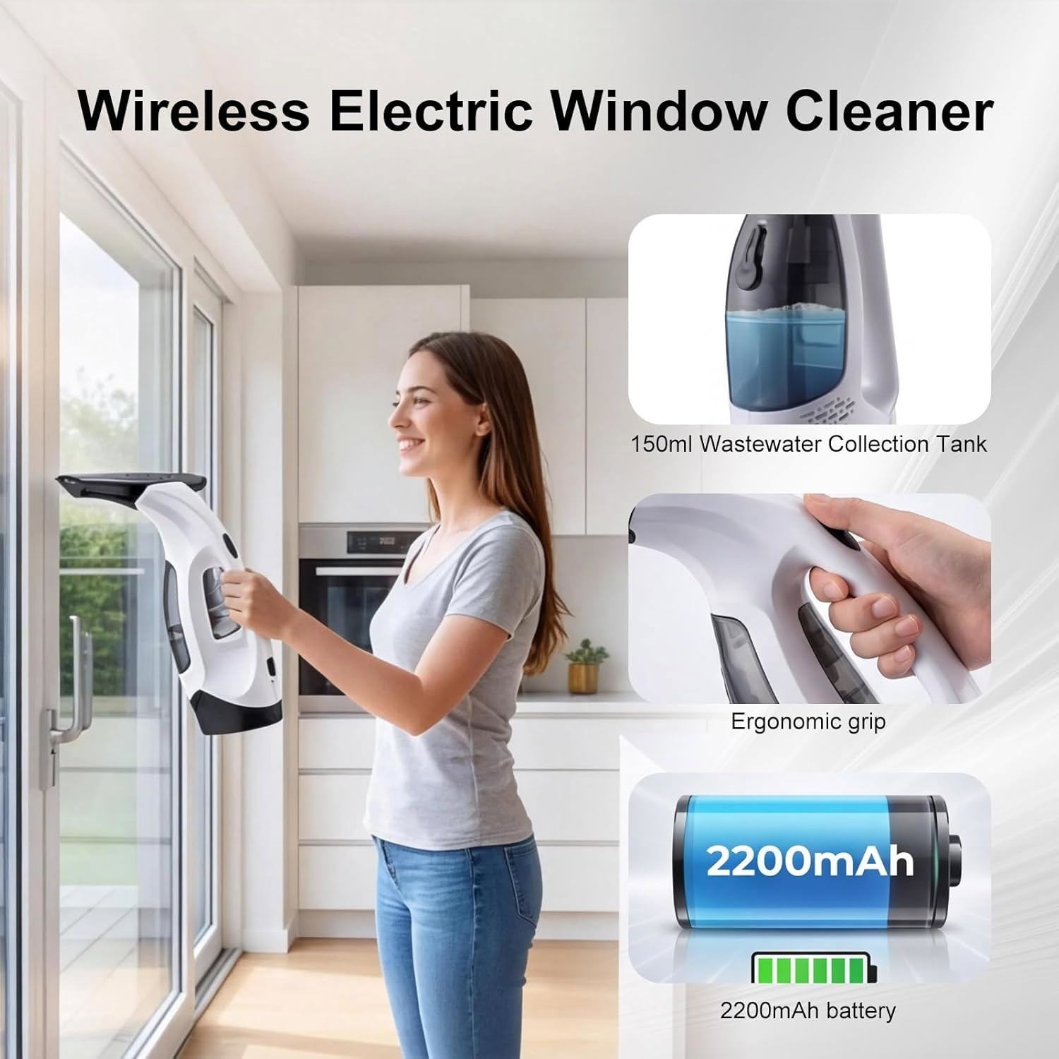 Window Vacuum Squeegee Cordless, 2000Pa Electric Window Cleaner Tool with Tank