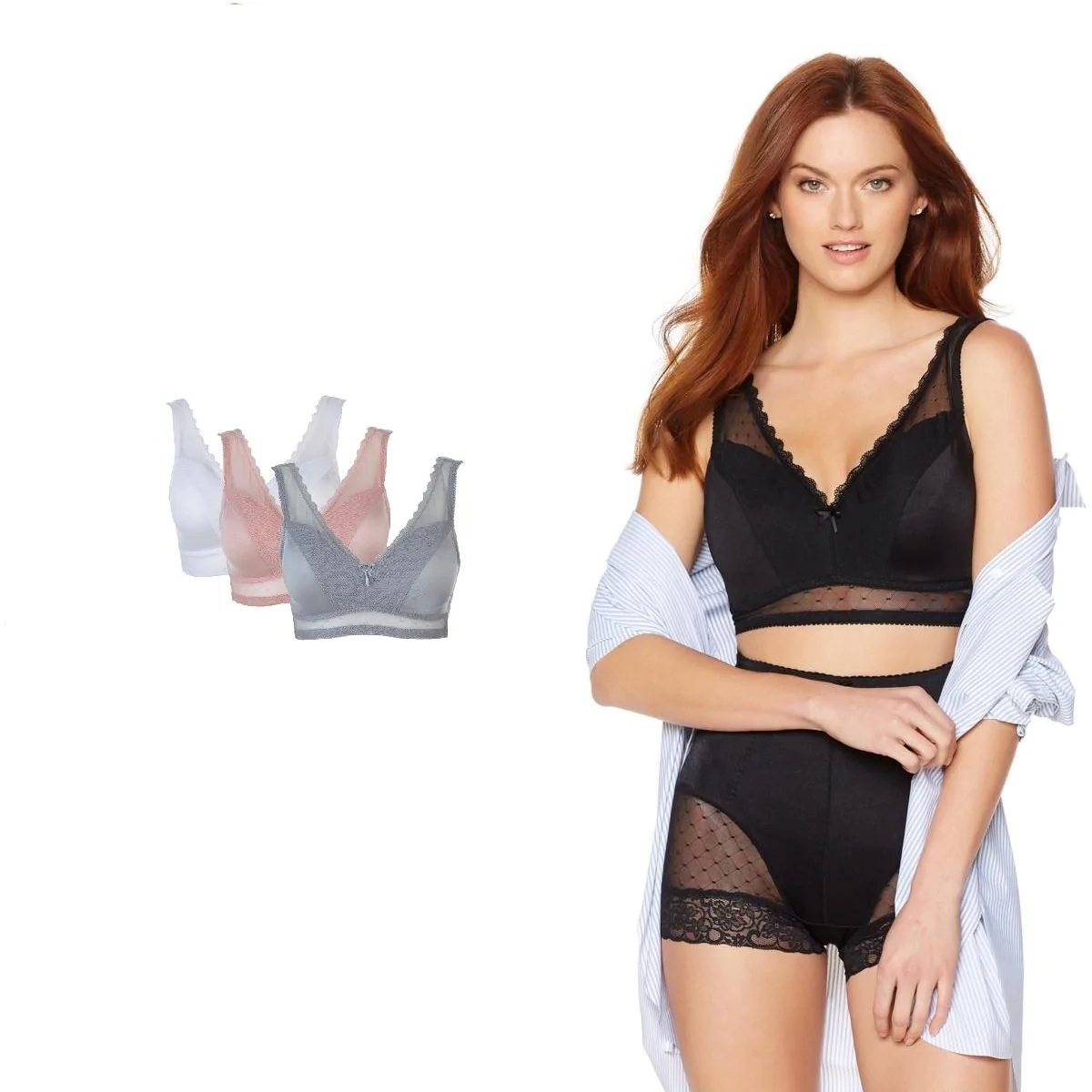 Rhonda Shear Mesh Dot Pin-Up Bra 3 Pack w/Removable Pads 514-144 , Size XL