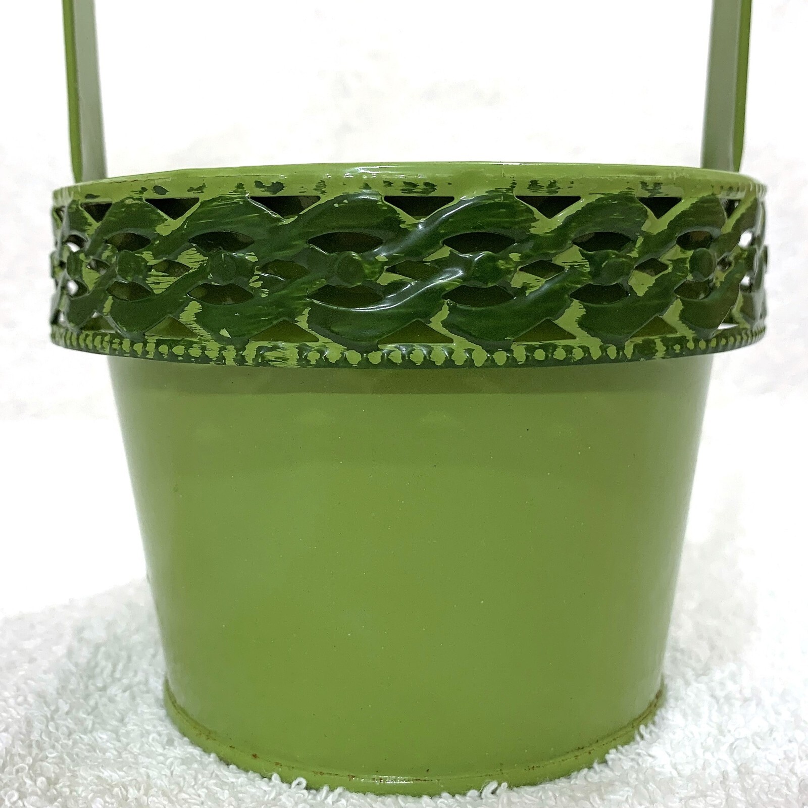 Edible Arrangements Green Tin Metal Wicker Bucket Pail Basket w/Handle Plant Pot