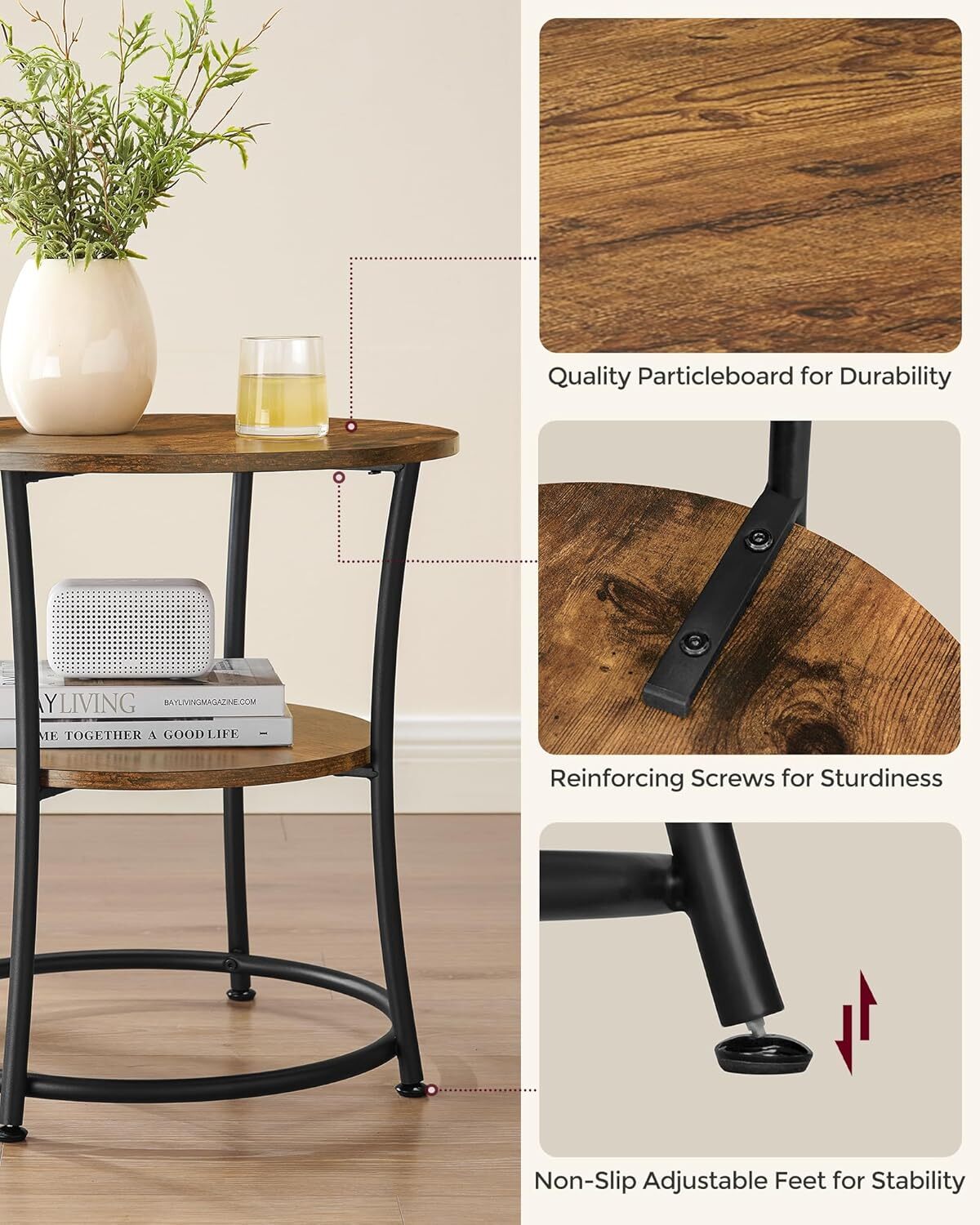 Side Table, Round Side Table with 2 Shelves, Rustic Brown and Ink Black
