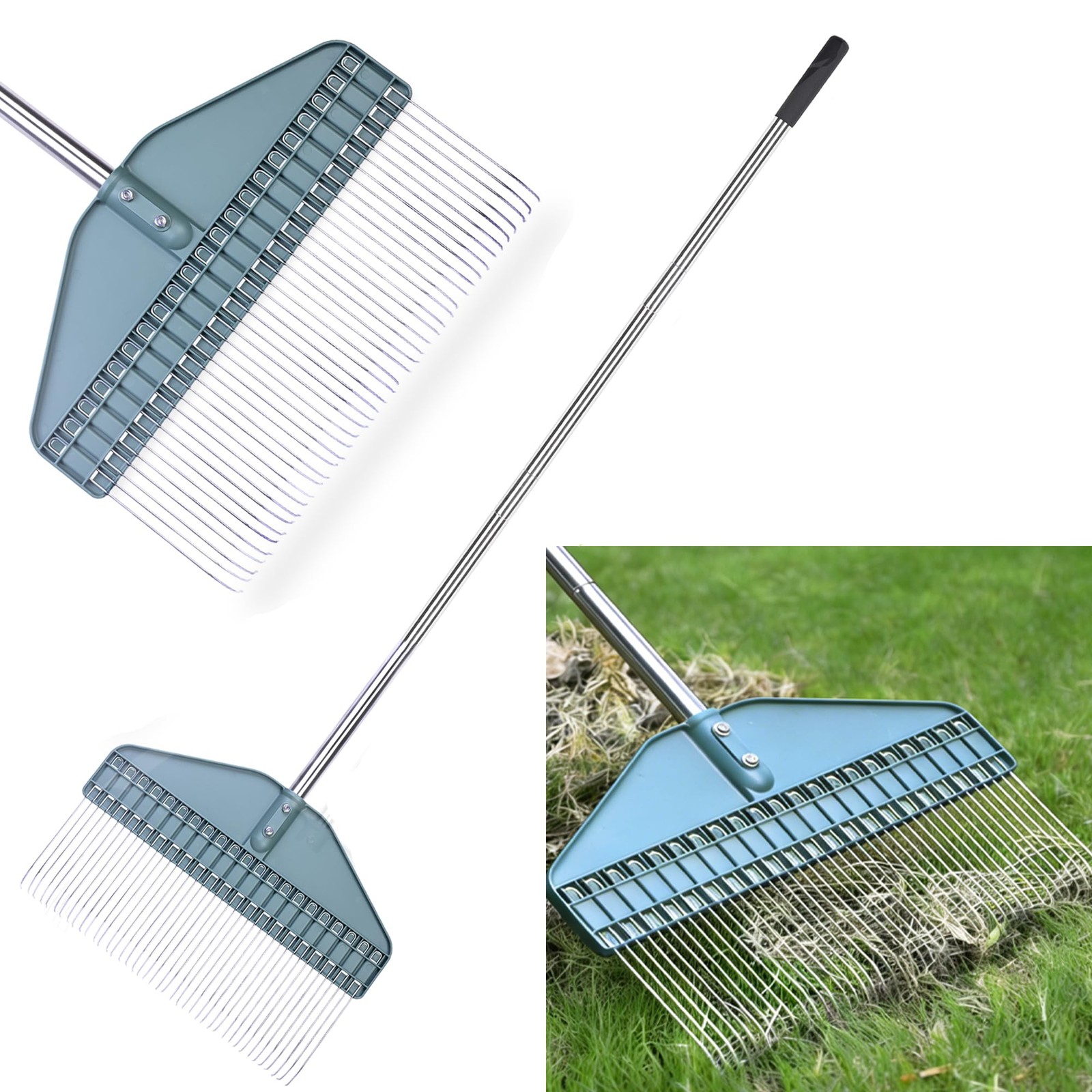 Adjustable Thatch Rake 66" Handle, 17" Durable Dethatcher for Lawn Care