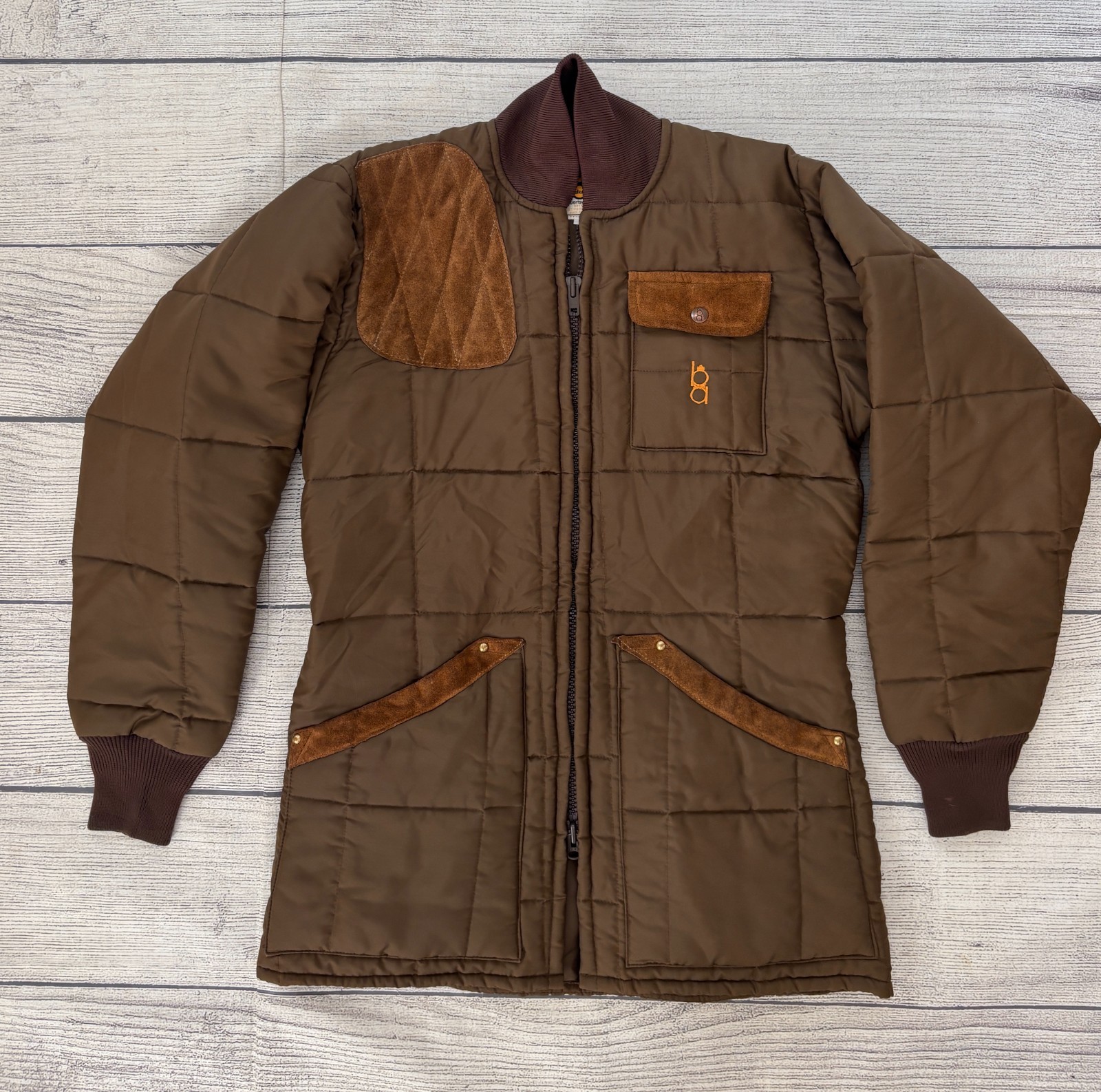 BOB ALLEN Men Small Brown Quilted Full Zip Suede Shooting Hunting Jacket VINTAGE