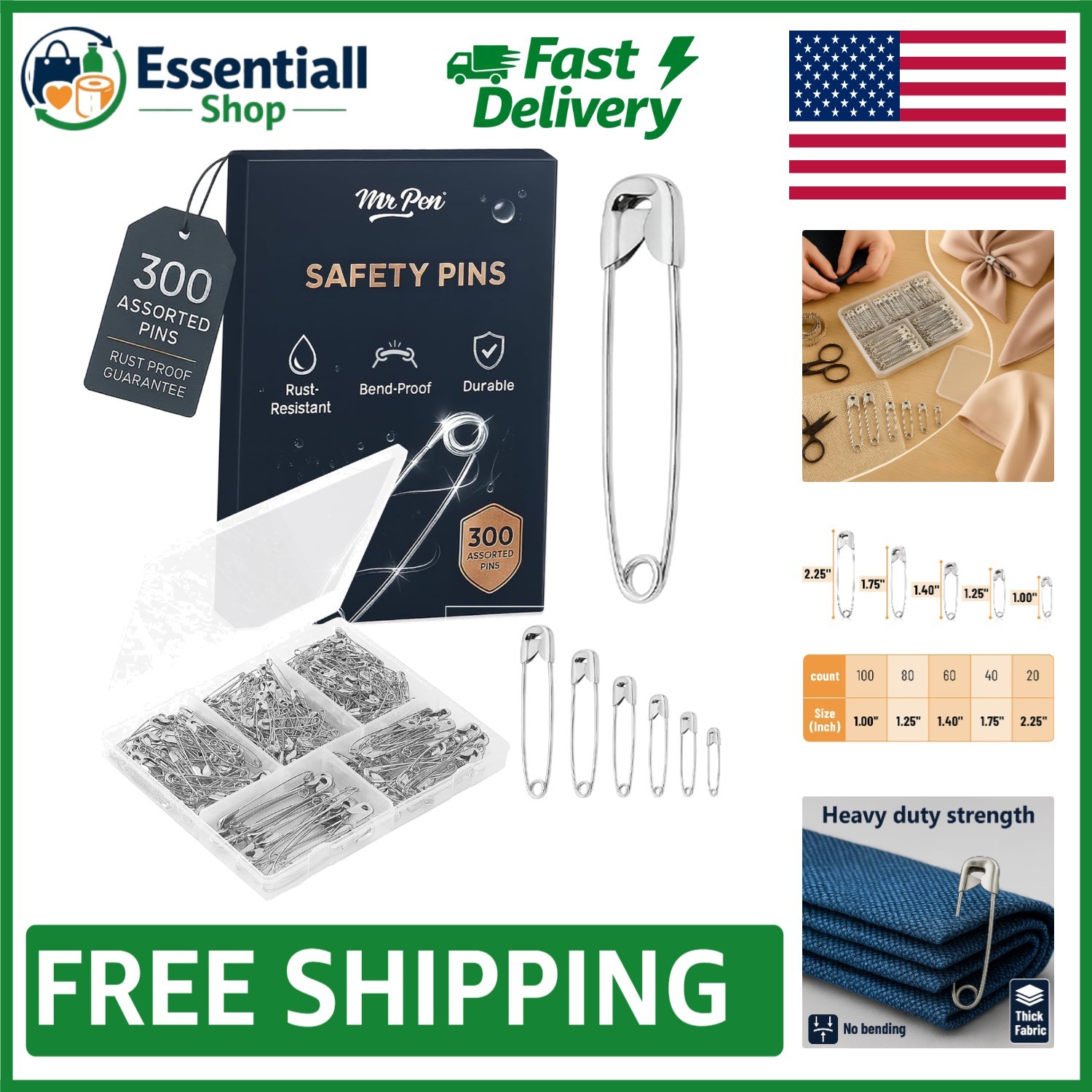 Durable 300 Count Safety Pins - Assorted Sizes with Storage Box for Easy Use