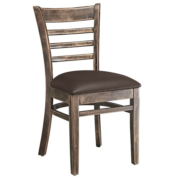 Vintage Wood Finish Ladder Back Restaurant Chair with Dark Brown Vinyl Seat