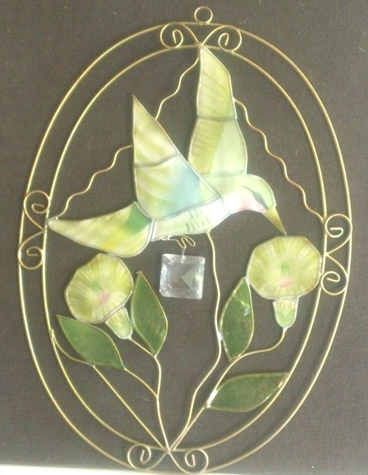 Hummingbird & Flowers Oval Suncatcher-Colored Plastic Pieces-8” x 10 ½”