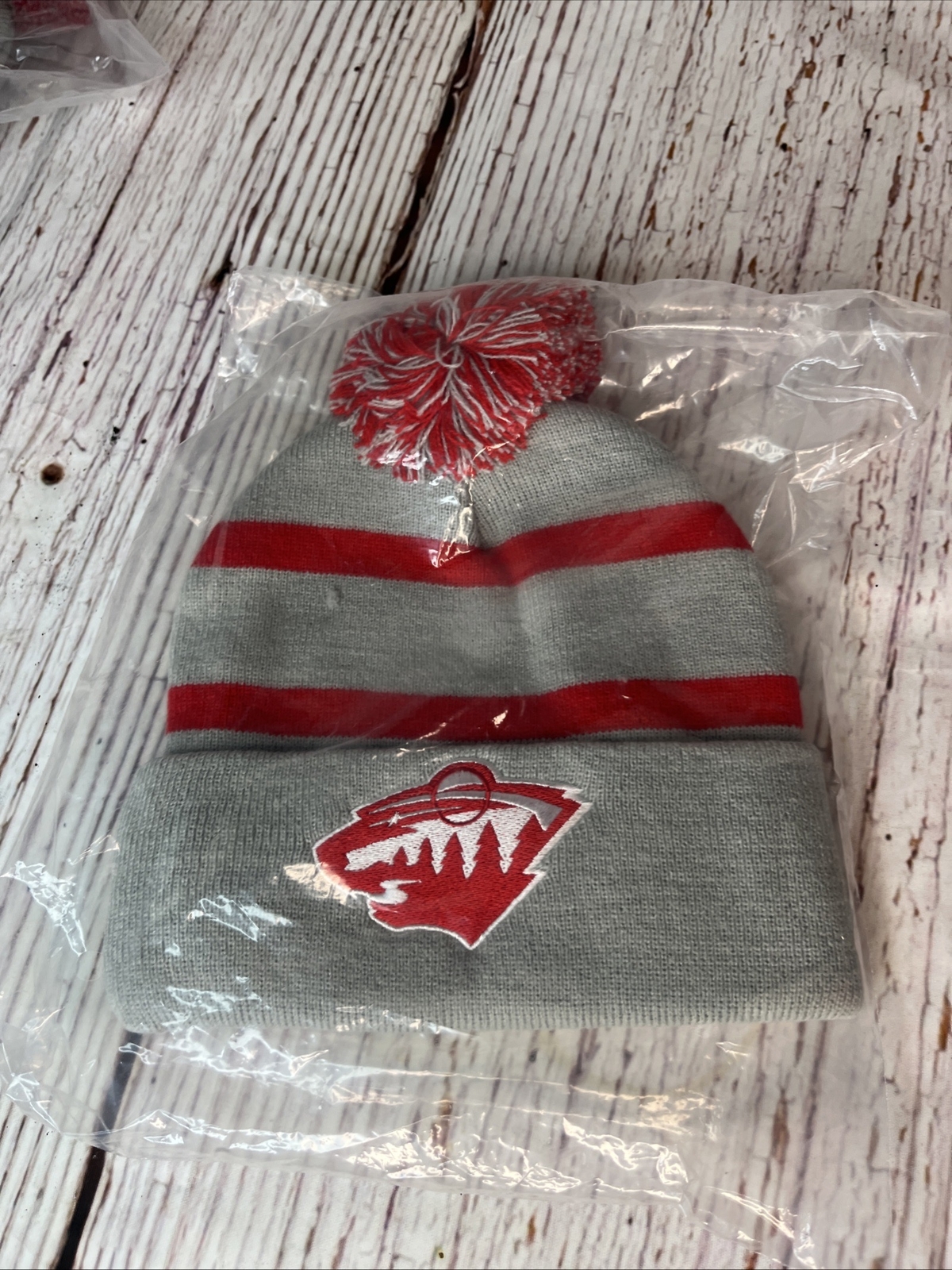 Minnesota Wild Knit Winter Hat - Gray and Red Logo - Adult - Pom Pom Cuffed OSFA