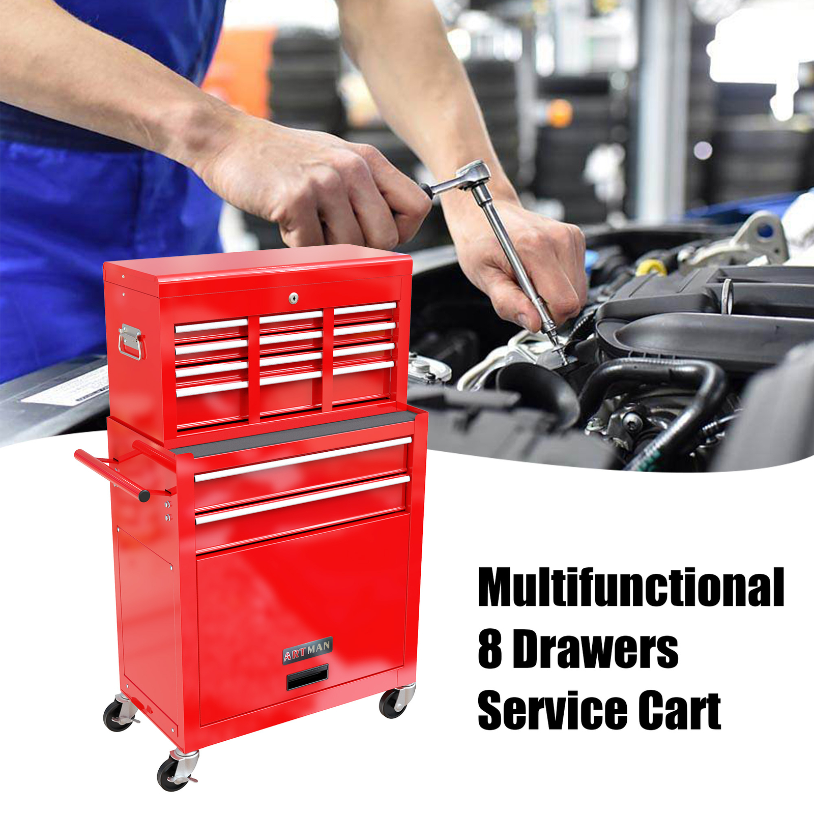 Rolling Tool Box with Wheels and Drawers, 8 Drawer Tool Storage Cabinet