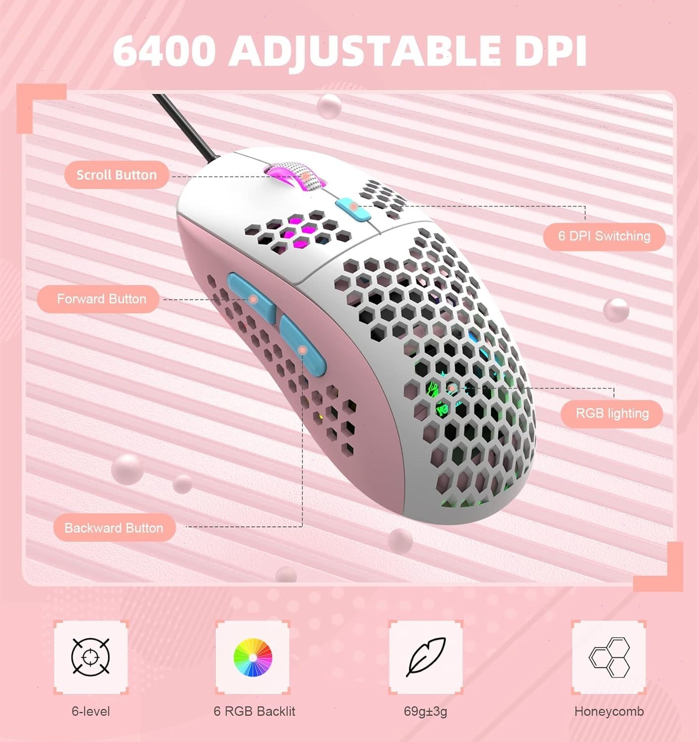 PINK UK RGB Backlit USB Wired Optical Gaming Mouse for PC Computer 6400 DPI