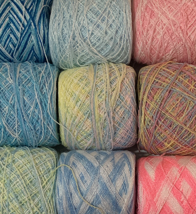 Lace yarn Crystal Colors Pastels.Acrylic/Rayon. 900 yards per ball. 1 lot of 9.