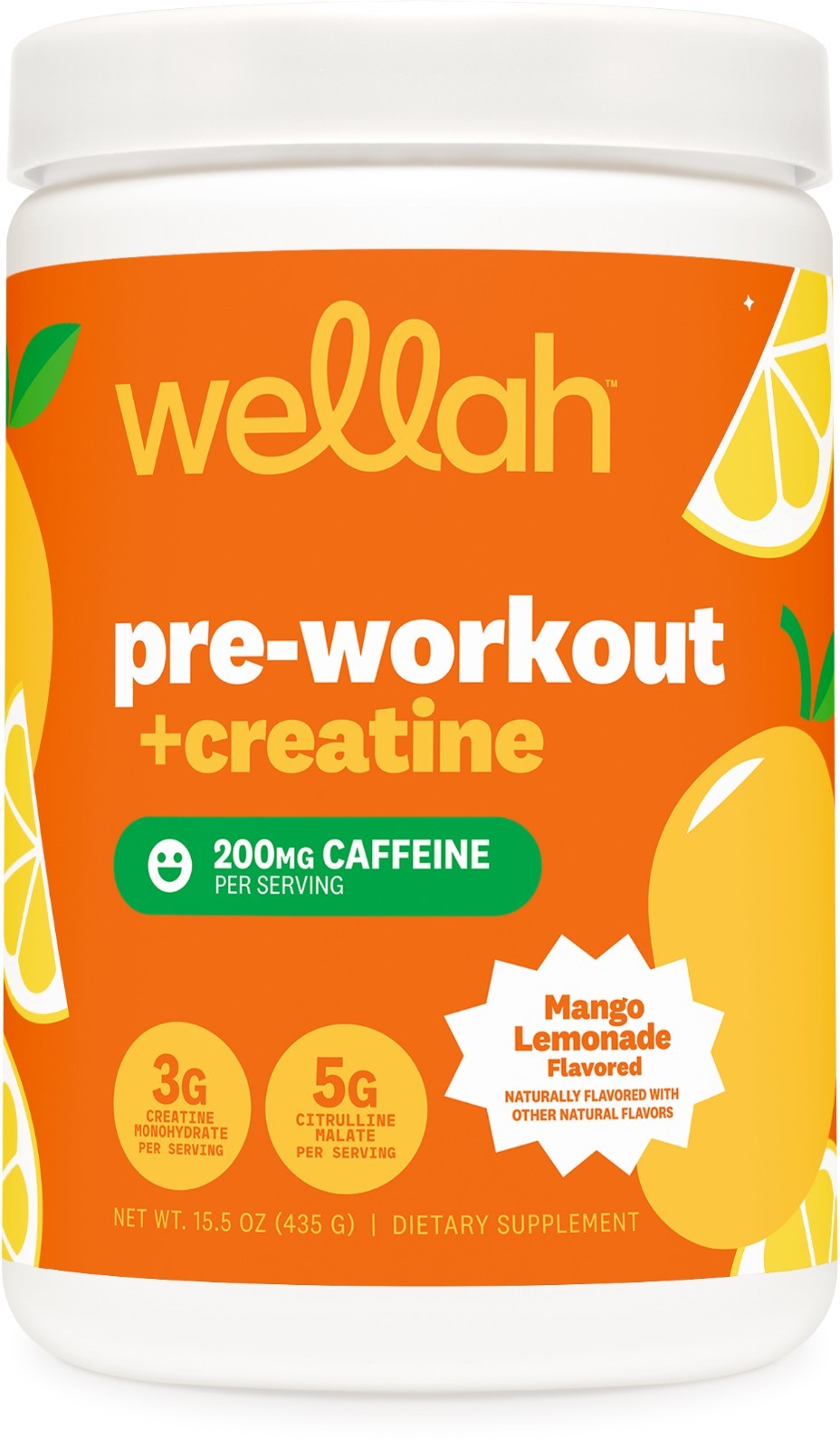 Wellah Pre-Workout + Creatine Powder (30 Servings) Mango Lemonade - 3g Creatine