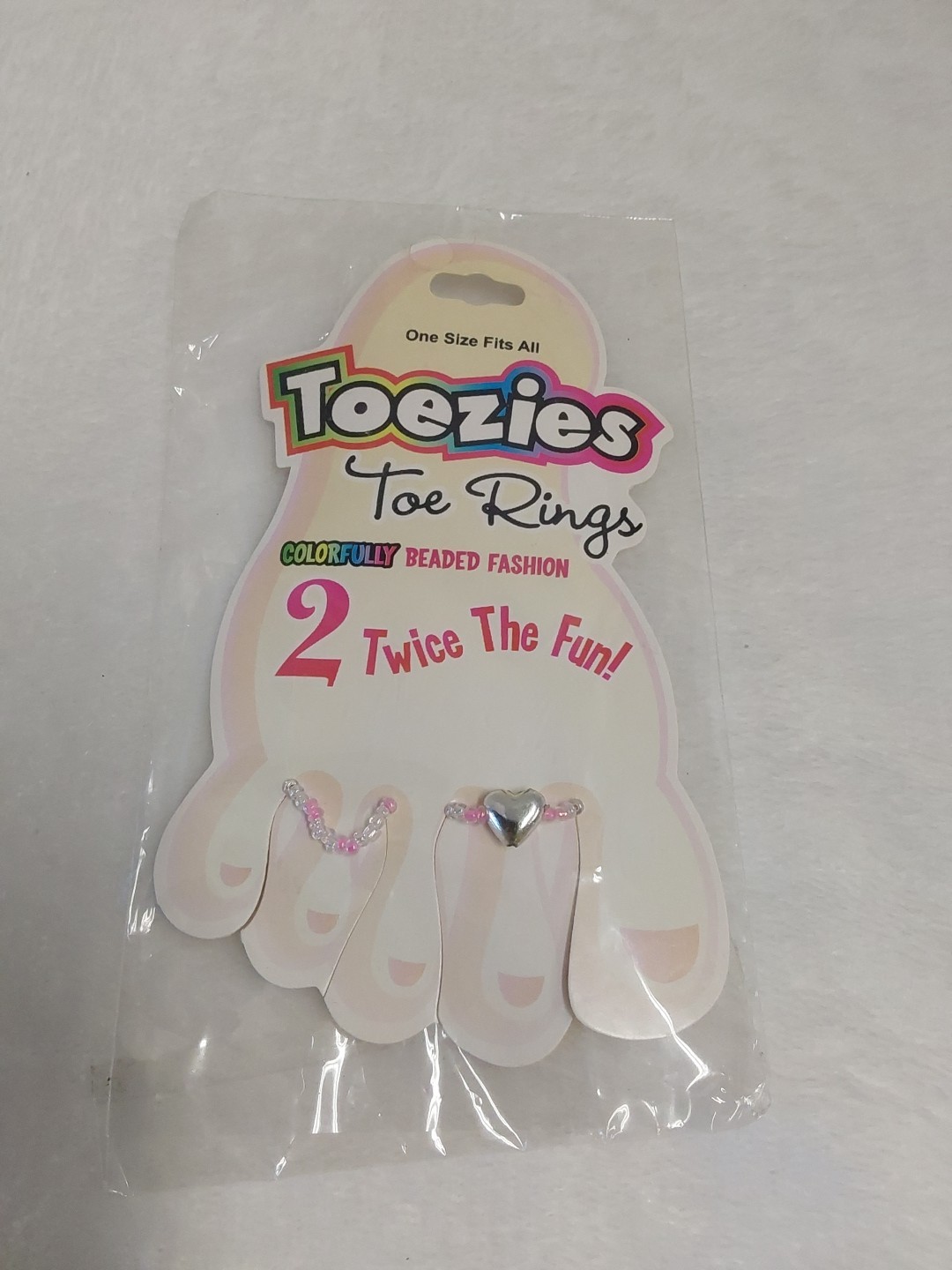 Toezies (2) Colorfully Beaded Toe Rings Pink/Silver Heart OSFM!  BNWT!