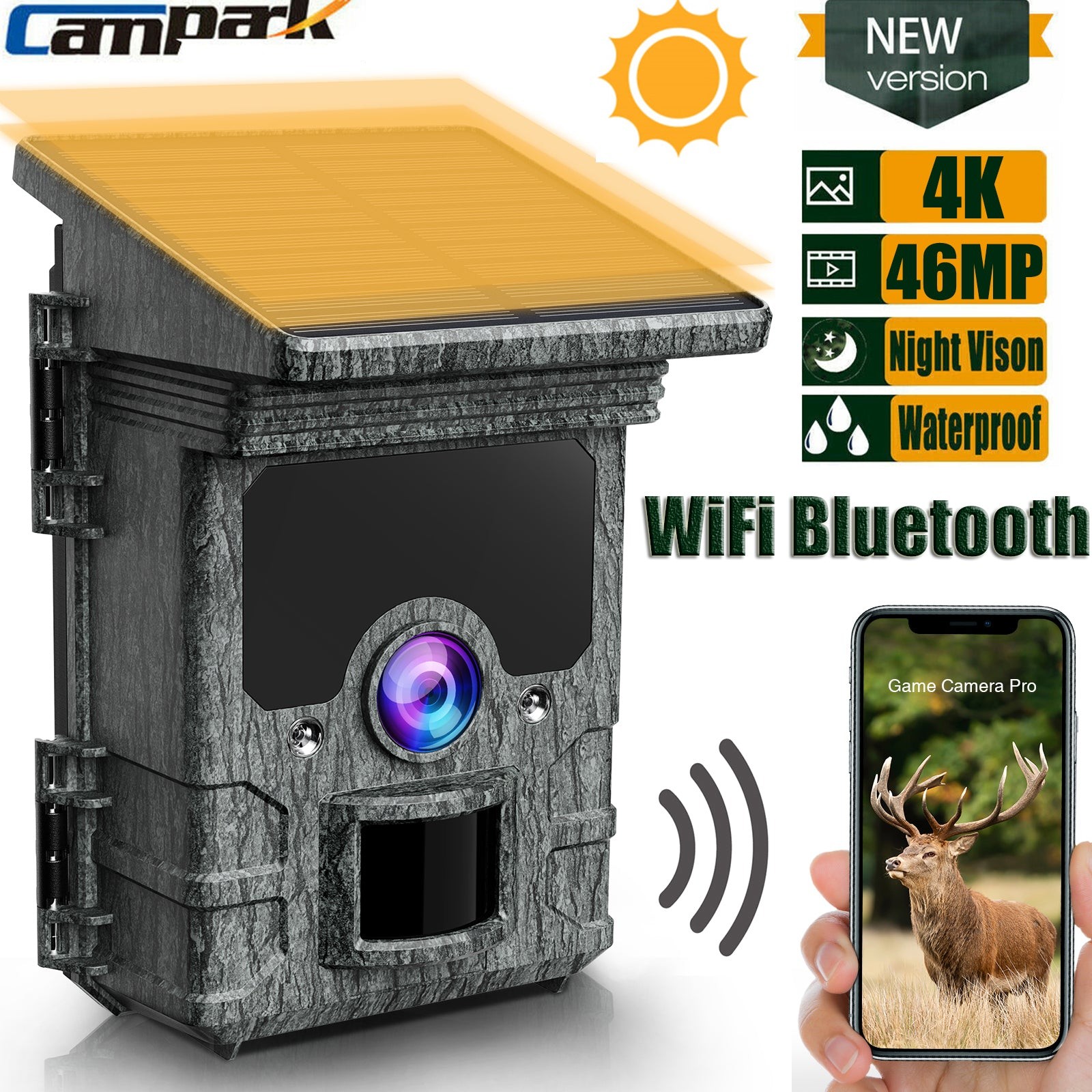 Campark 4K 85MP WiFi Bluetooth Trail Camera Solar Wildlife Cam PIR Night Vision