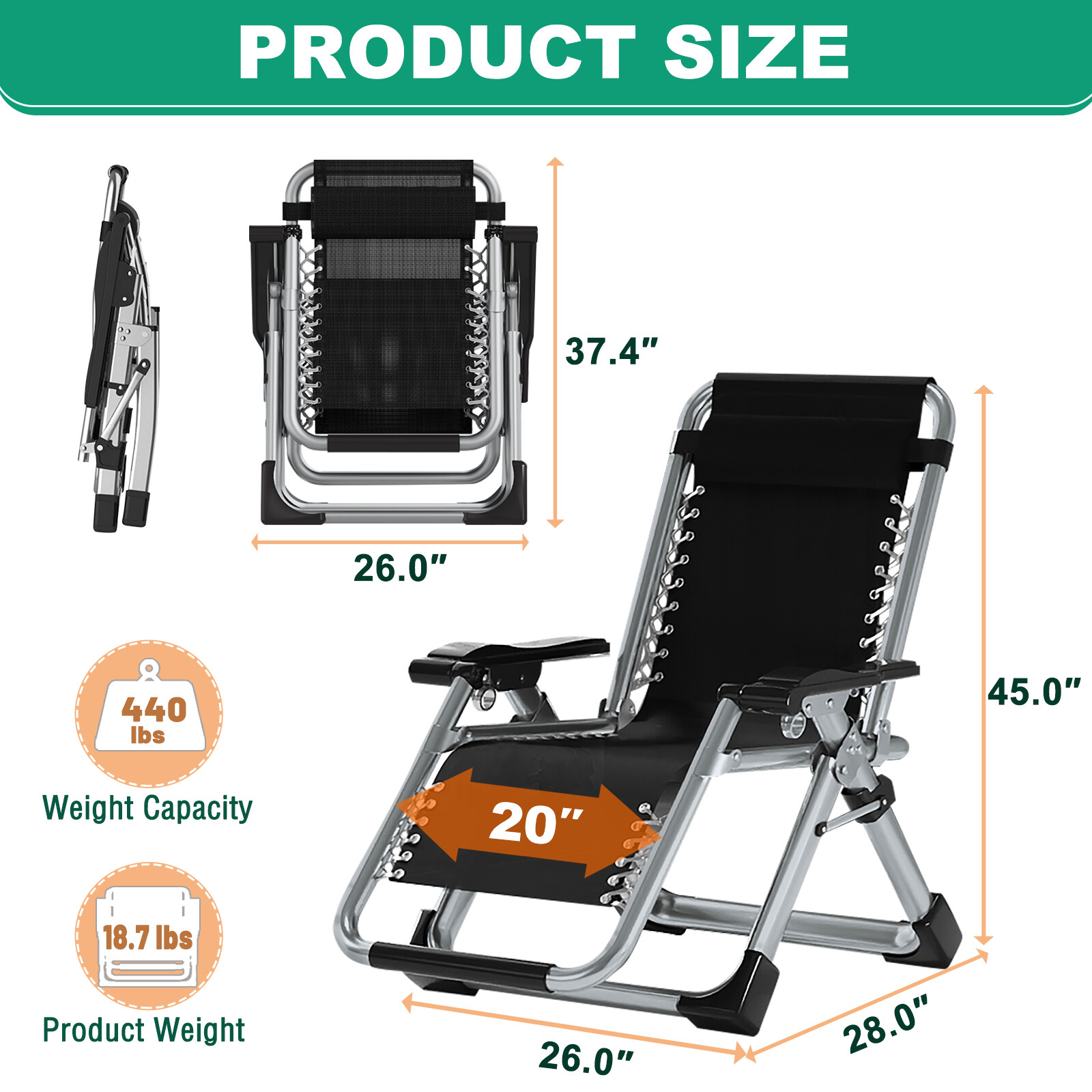 NAIZEA Zero Gravity Chair Set of 2 With Armrest Mat Reclining Lounge Patio Chair