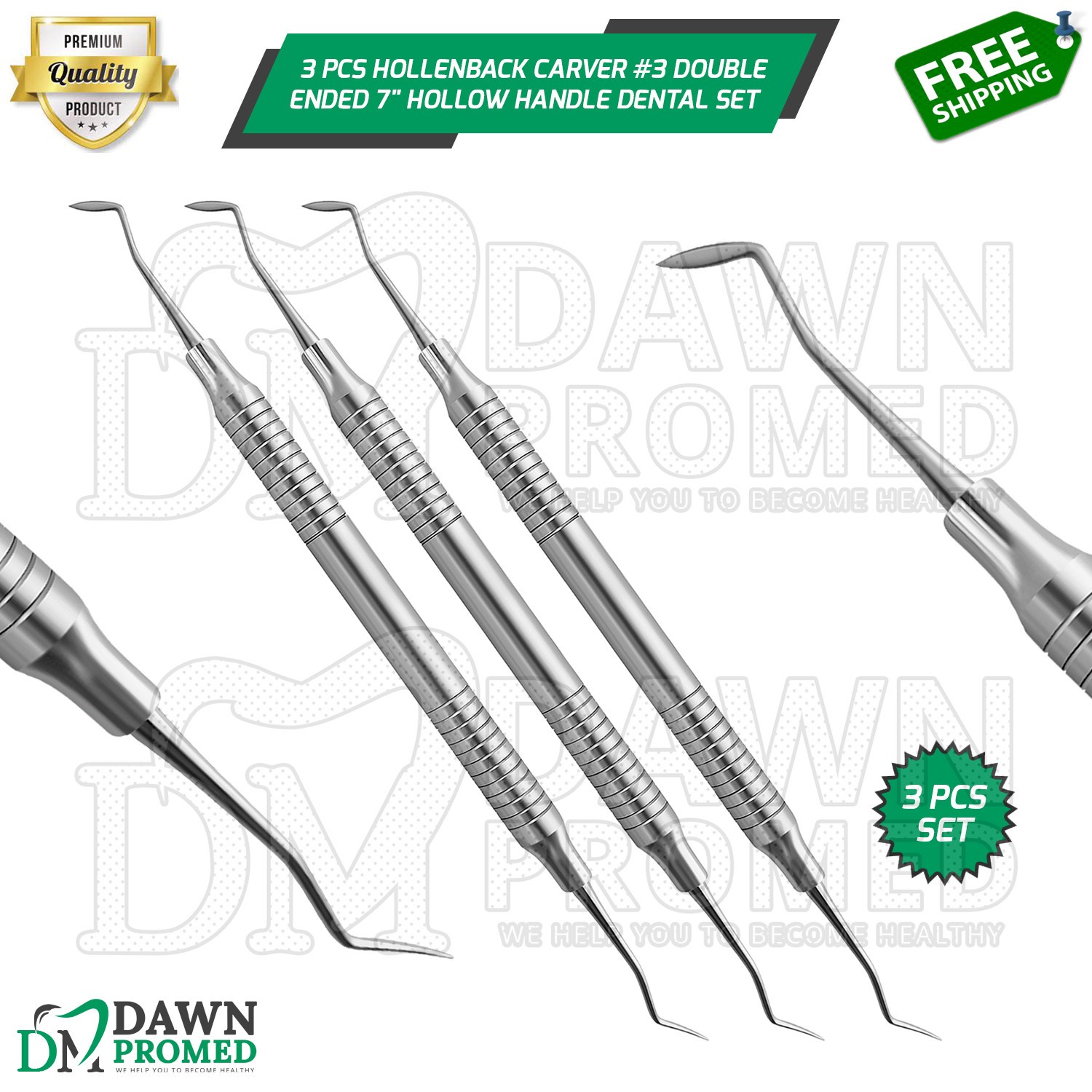 3 Pcs Hollenback Carver #3 Double Ended 7" Hollow Handle Dental Instruments Set