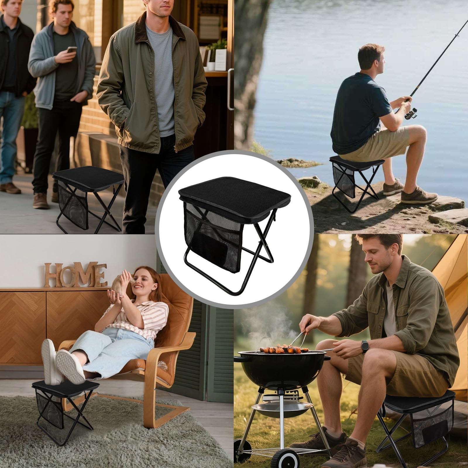 Portable Folding Stool 13 Inch Camping Stool for Adults with Side Pocket, Ult...