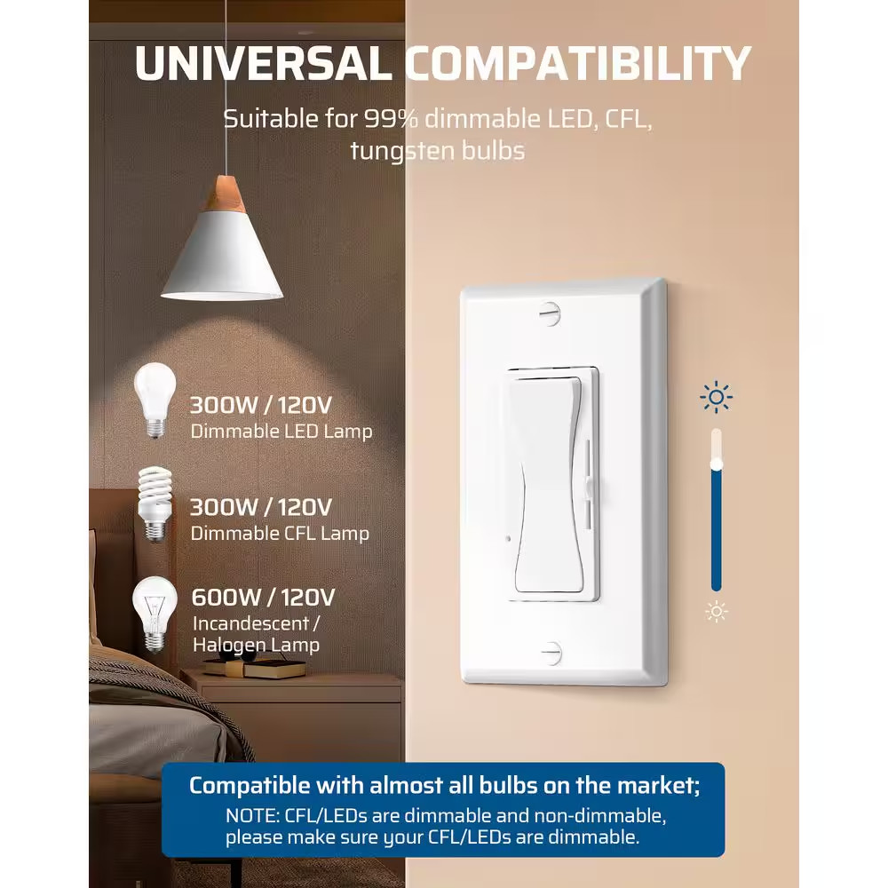 White On/Off Rocker Switch, Single-Pole/3-Way Dimmer Switch for CFL, Halogen, In