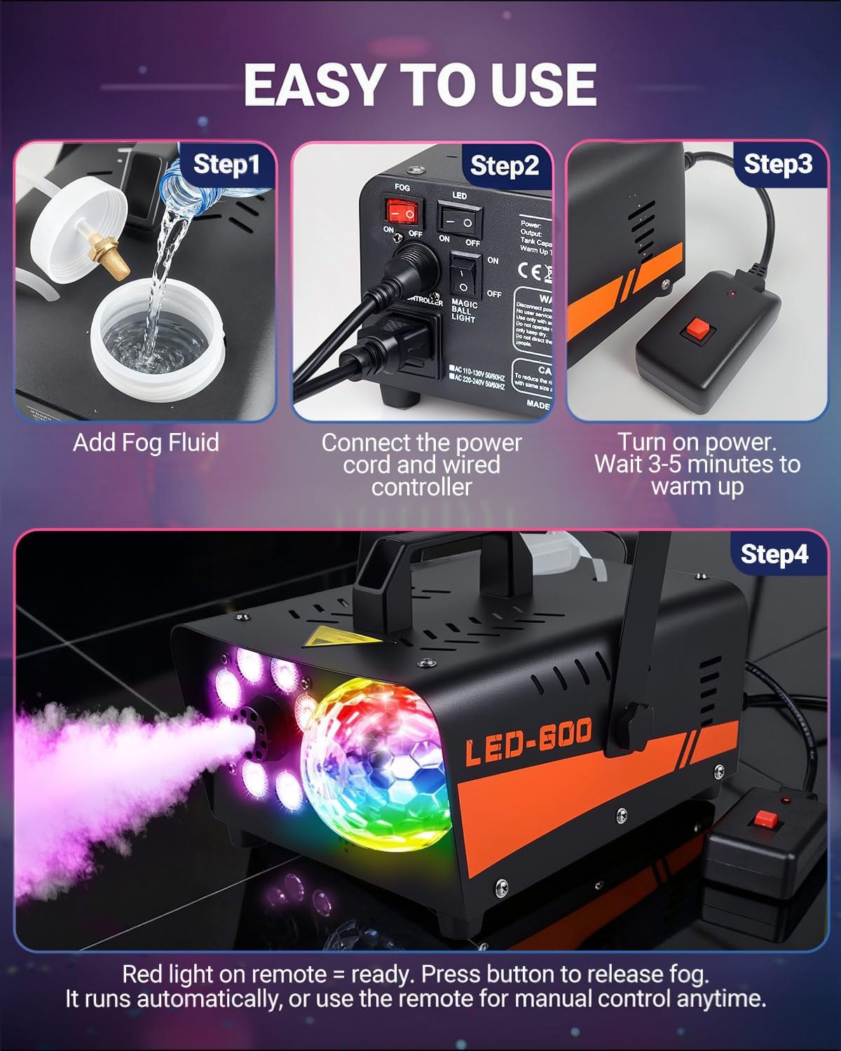 600W Fog Machine Smoke Machine w/ Disco Ball Lights 3000CFM 13-Color LED Effects