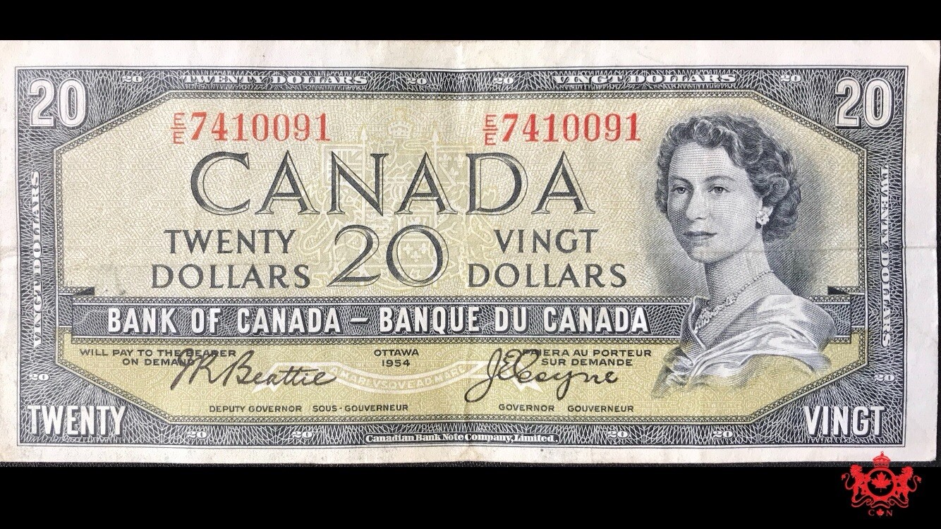 1954 Bank Of Canada 20$ Modified Beattie/Coyne Shortrun E/E7410091 - VF/EF -