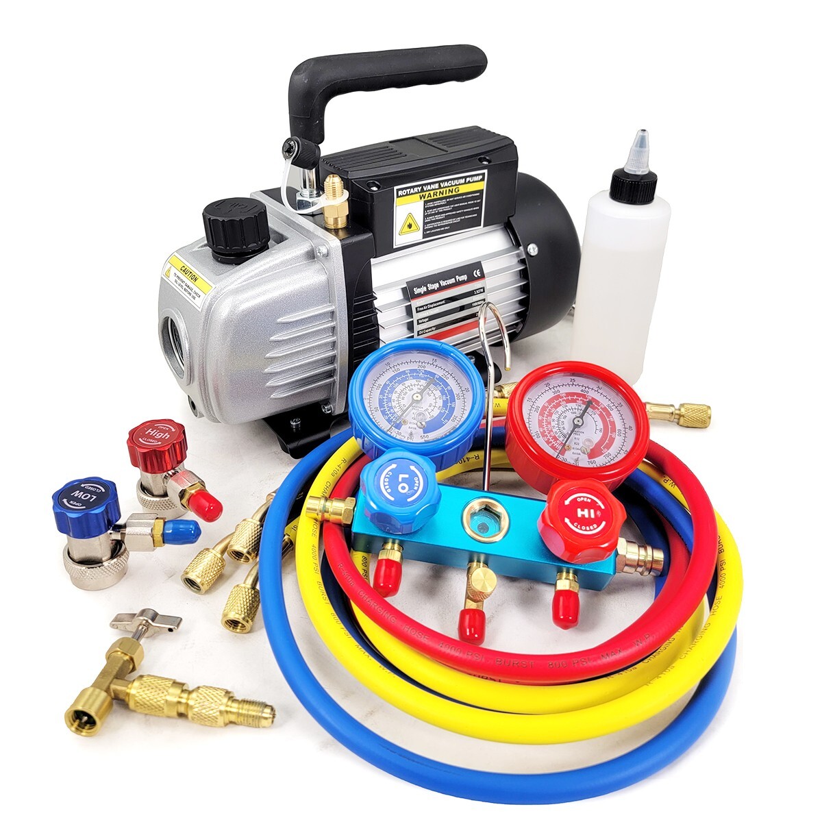Manifold Gauge set Combo 3.5 CFM Air Vacuum Pump HVAC + R134A Kit AC A/C