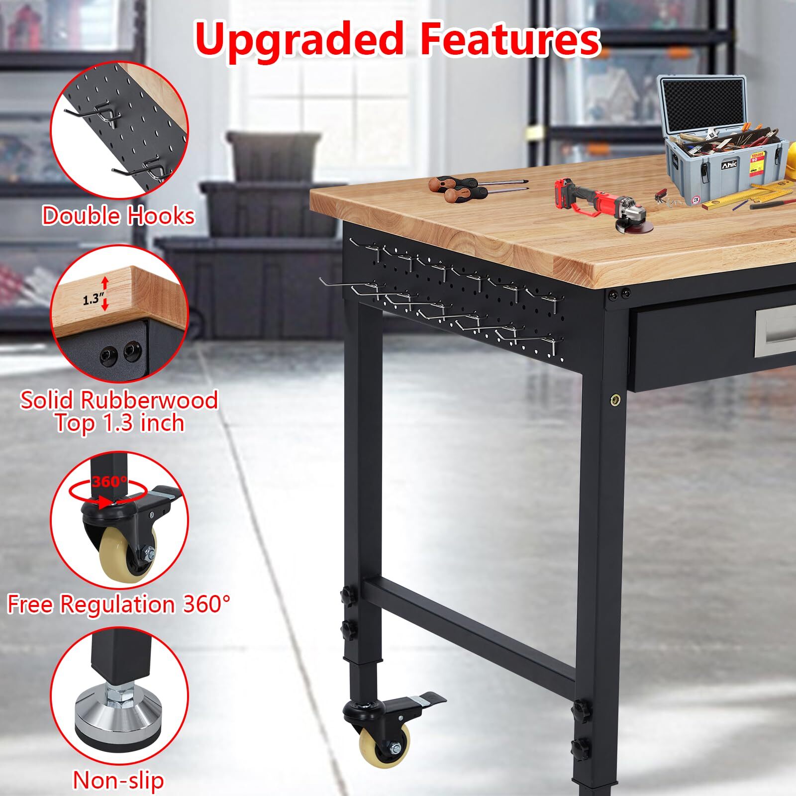 🎱48" Workbench Rubber Wood Top Workstation with Drawer & 4 Rolling Casters 2000