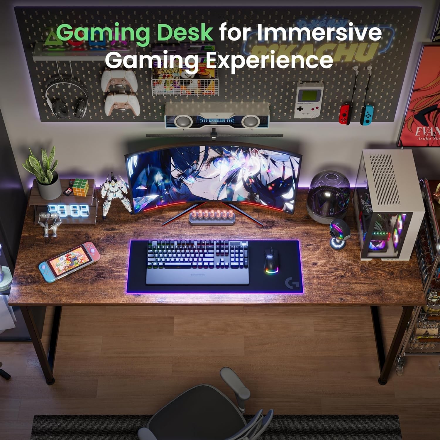 Computer Desk, Rustic Brown, 55 Inch Home Office Gaming Work from Home Study