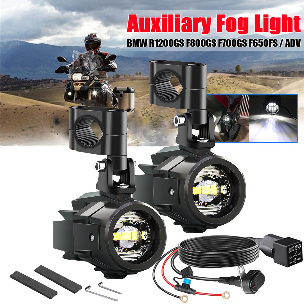 2x LED Spot Light Auxiliary Motorcycle Headlight Fog Driving Lamp White + Wiring
