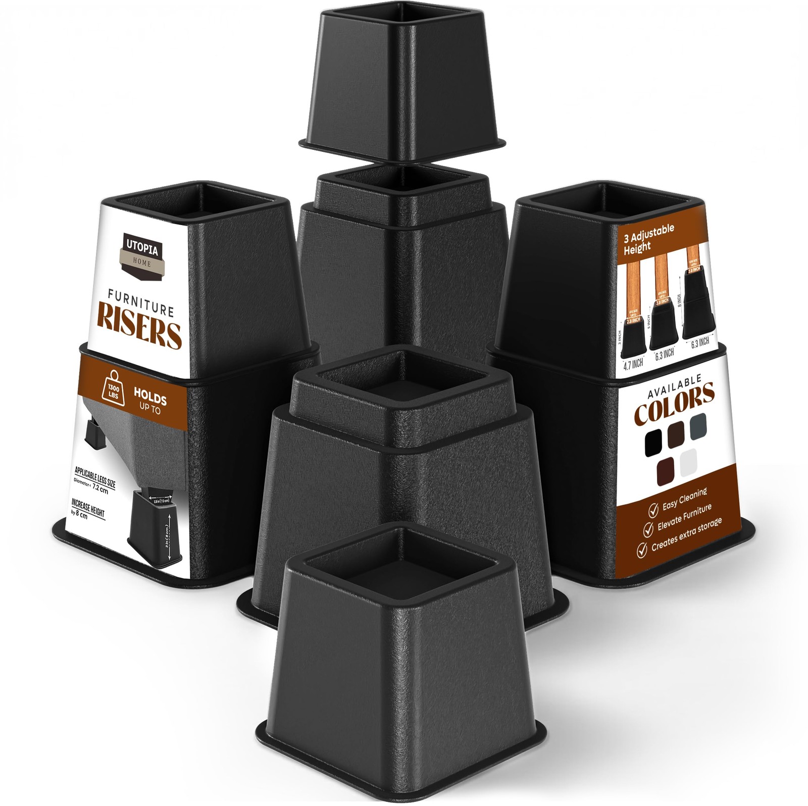 Adjustable Bed Risers 3, 5, 8 Inch - Heavy Duty Set of 4 for Furniture Storage