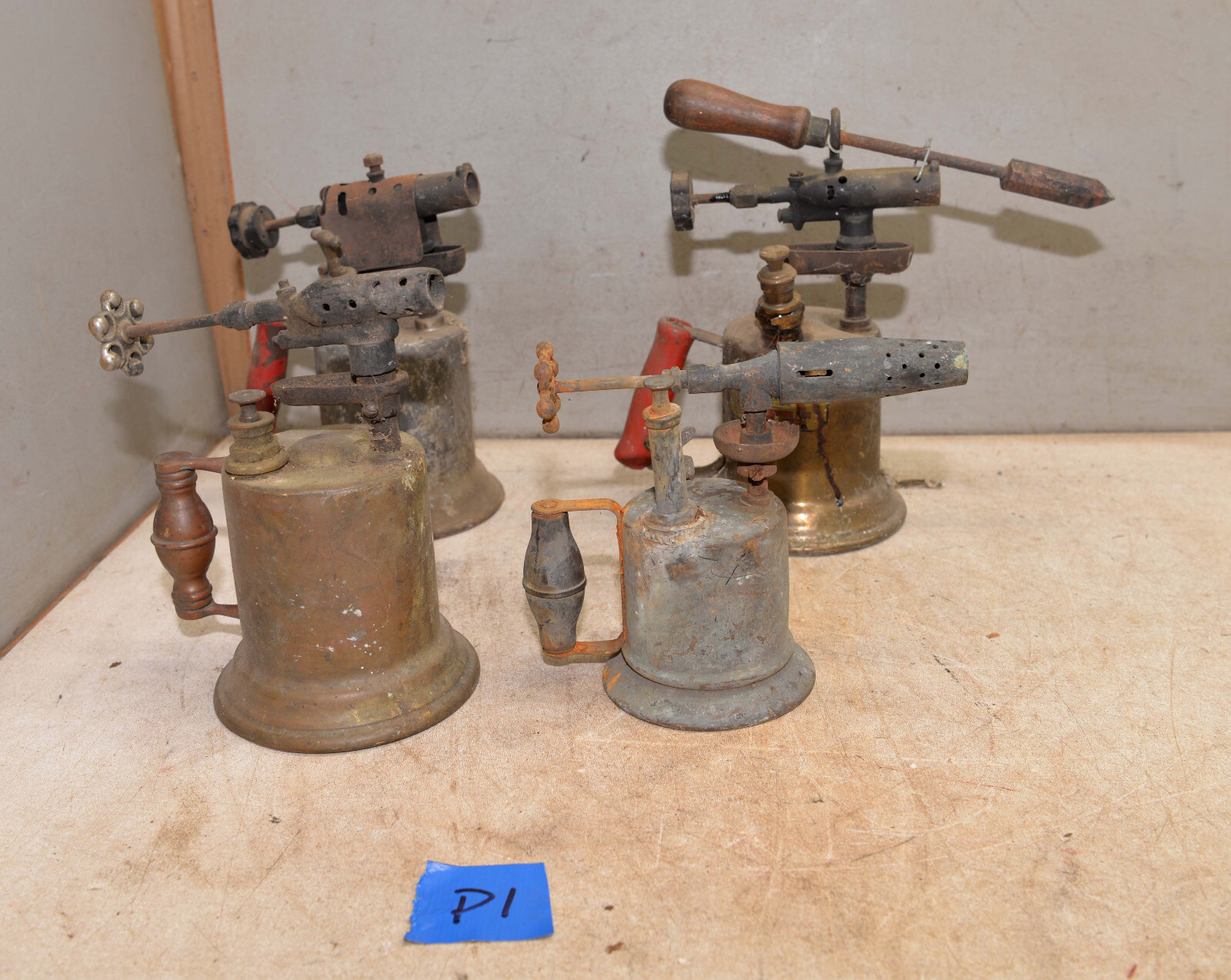 4 early blow torch & iron steam fitting plumbing collectible antique tool lot P1