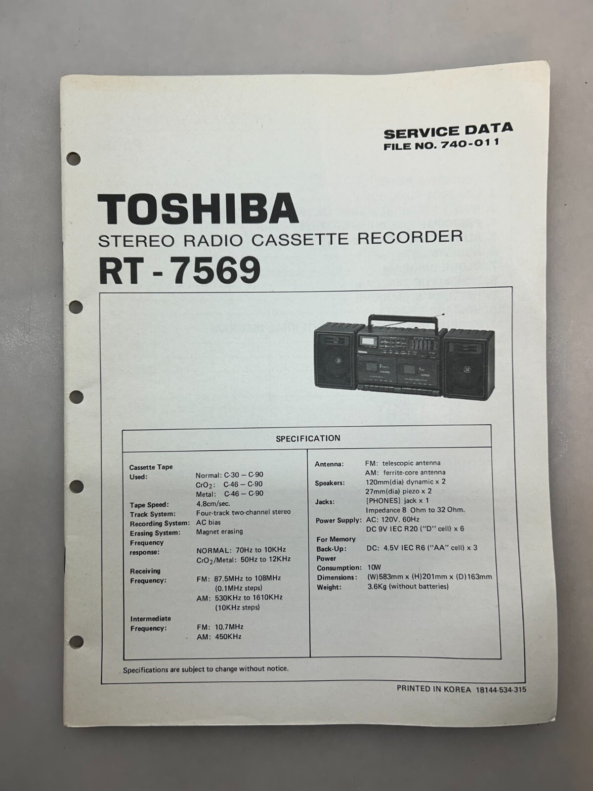 Toshiba RT-7569 Original Service Manual Free Shipping