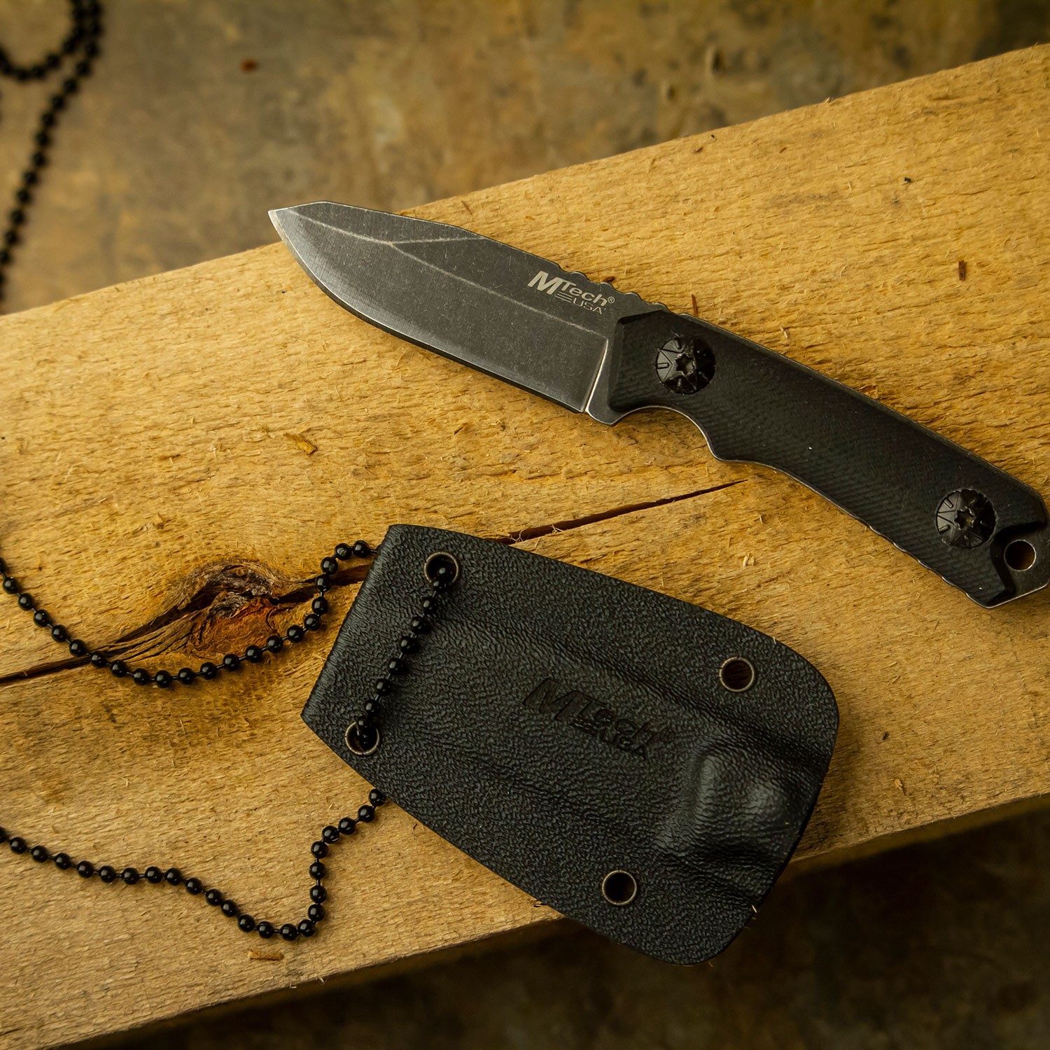 MTech USA Fixed Blade Full Tang Knife-G10 Handle & Kydex Sheath w/Ball Chain