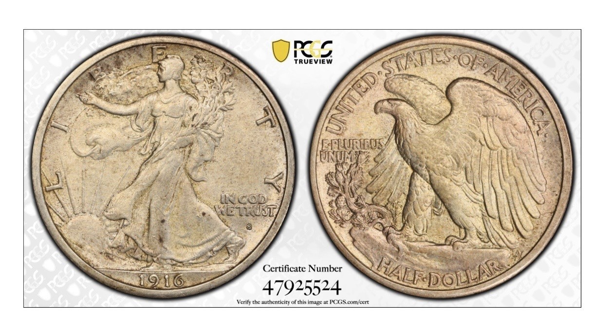 1916 S Half Dollar Walking Liberty PCGS AU-55