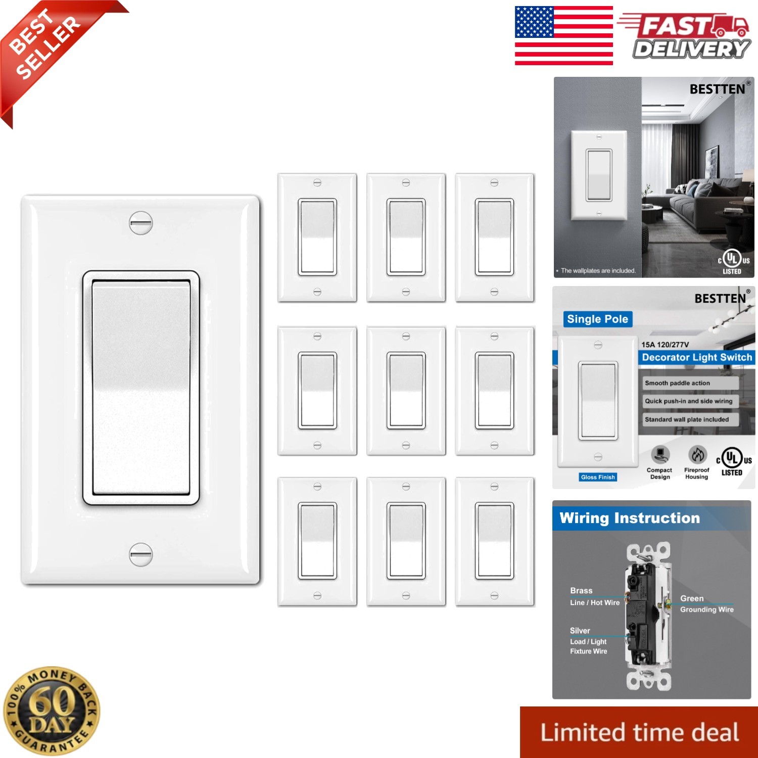 10 Pack Single Pole Decorator Light Switch with Wallplate, 15A 120/277V, Rocker