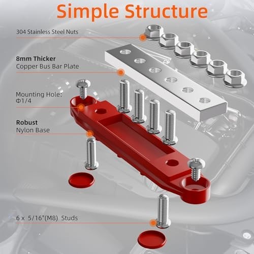 400A 12V Power Distribution Block, 6 Studs, Marine Bus Bar, Copper Terminal for