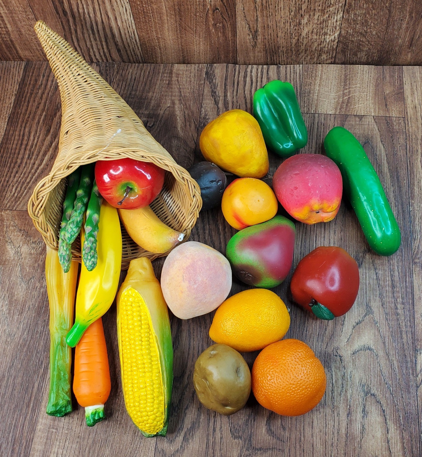 Cornucopia in Wicker Basket with Artificial Pretend Food