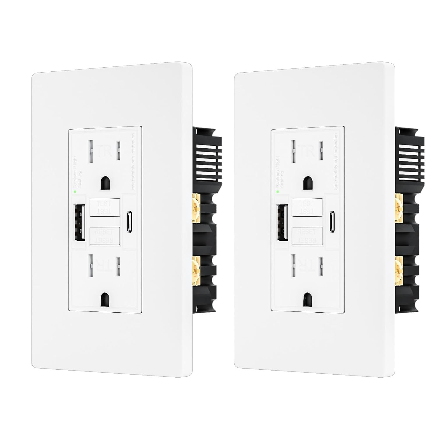 2PACK - 15AMP GFCI Outlet with USB-A & USB- C Ports, Self-Test GFCI Electrical O