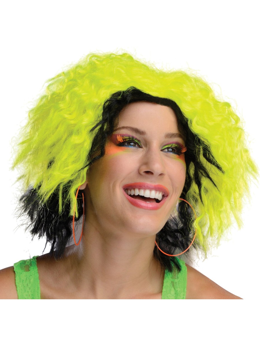Sexy Adult Womens 80s Neon Chic Yellow Black Rave Dance Costume Wavy Wig