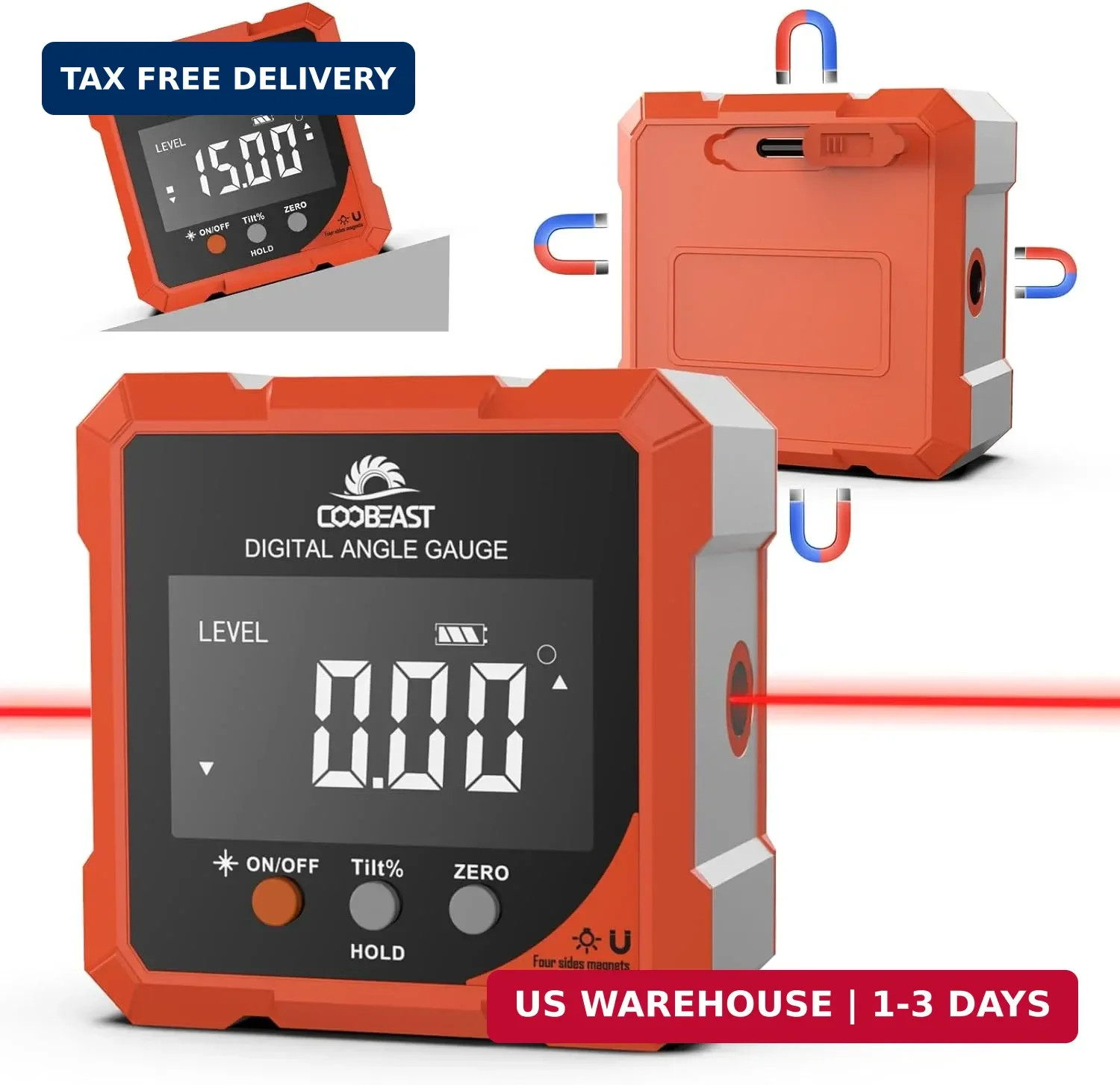 Digital Angle Finder with Laser, 4-side Magnetic Digital Angle Gauge, Rechargeab
