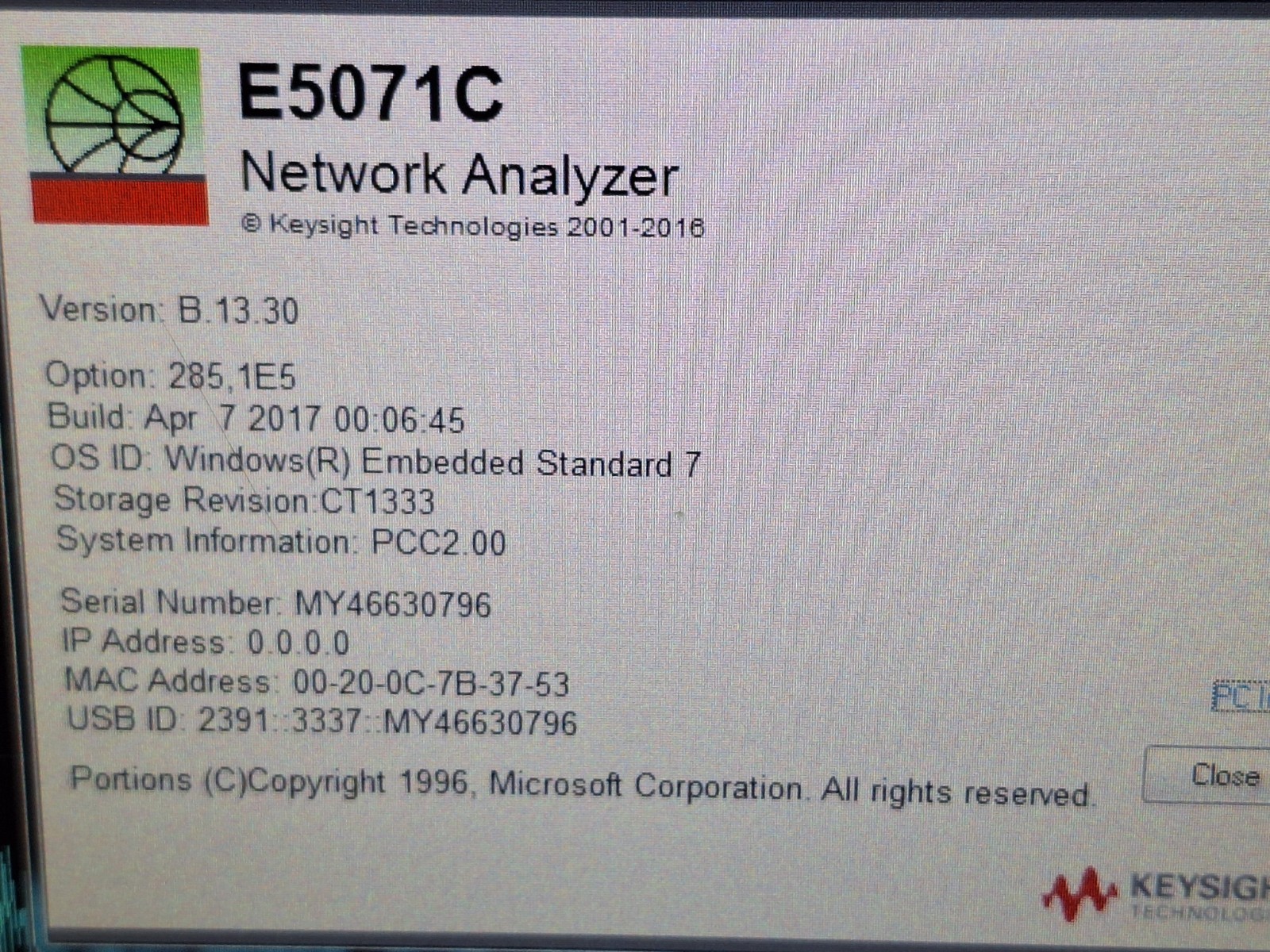 Keysight E5071C Network Analyzer, 100kHz-8.5GHz, Opt. 285, 1E5, 019 (0796)