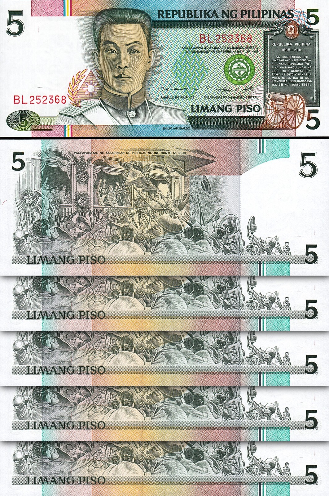 Philippines 5 Piso 1995, UNC, 5 Pcs LOT, Consecutive, P-180