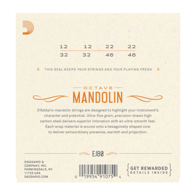 D'Addario EJ80 Phosphor Bronze Octave Mandolin Strings 12-46 loop end