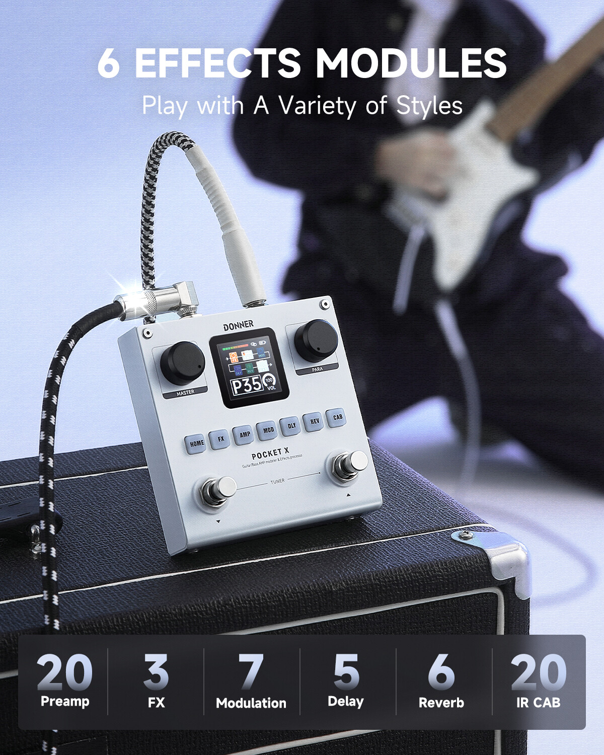 Donner Pocket X Multi Effects Pedal 62 Effects 20 IRs 3-band EQ Built-in Battery