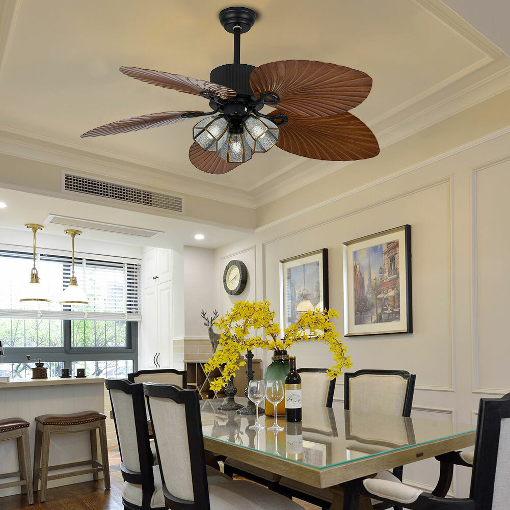52'' Ceiling Fan w/ LED Light With Remote Control 5 Blades Tropical Palm Leaf
