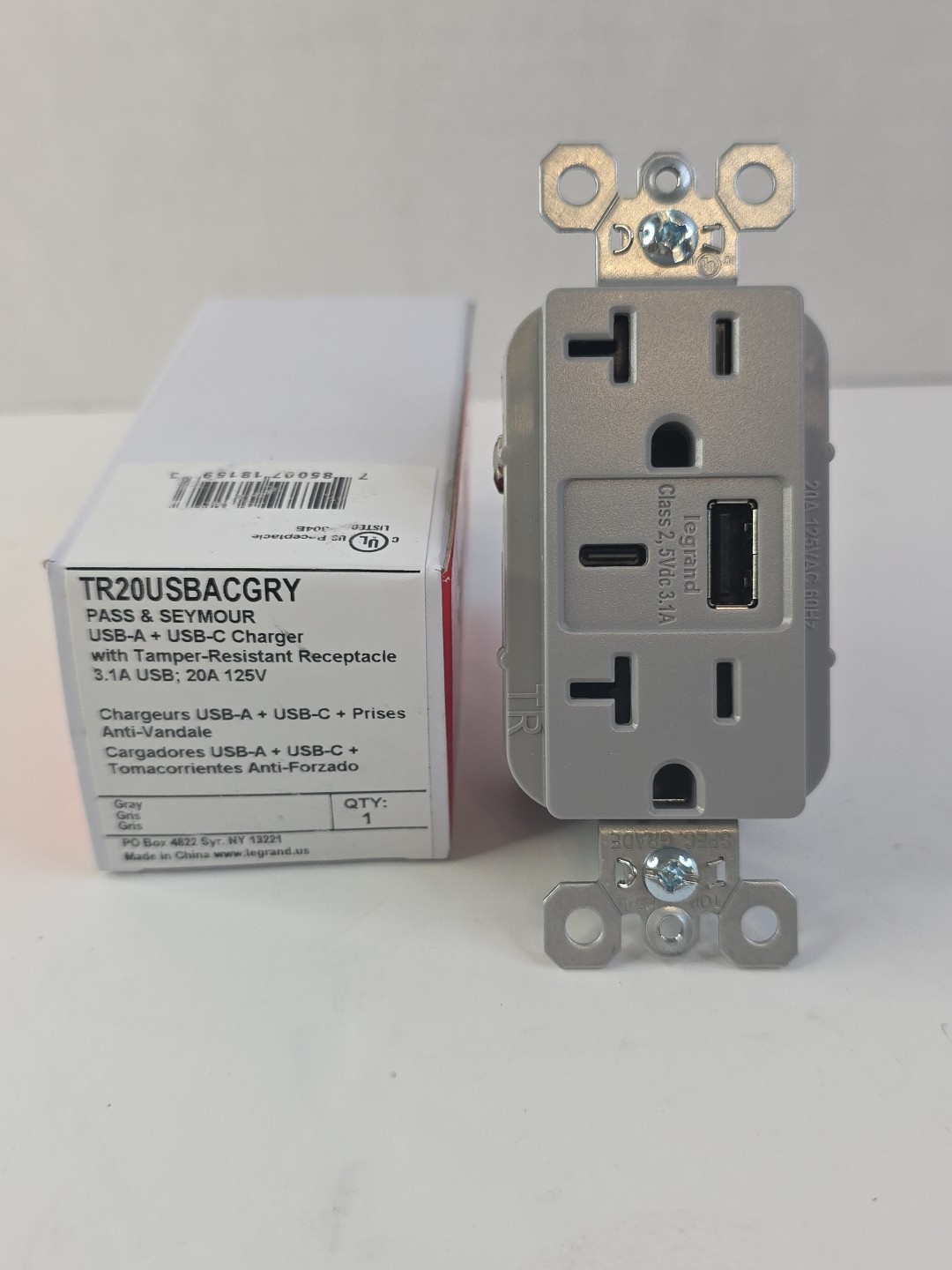 Pass & Seymour Commercial USB Charging Receptacle - 20A Type A C Gray