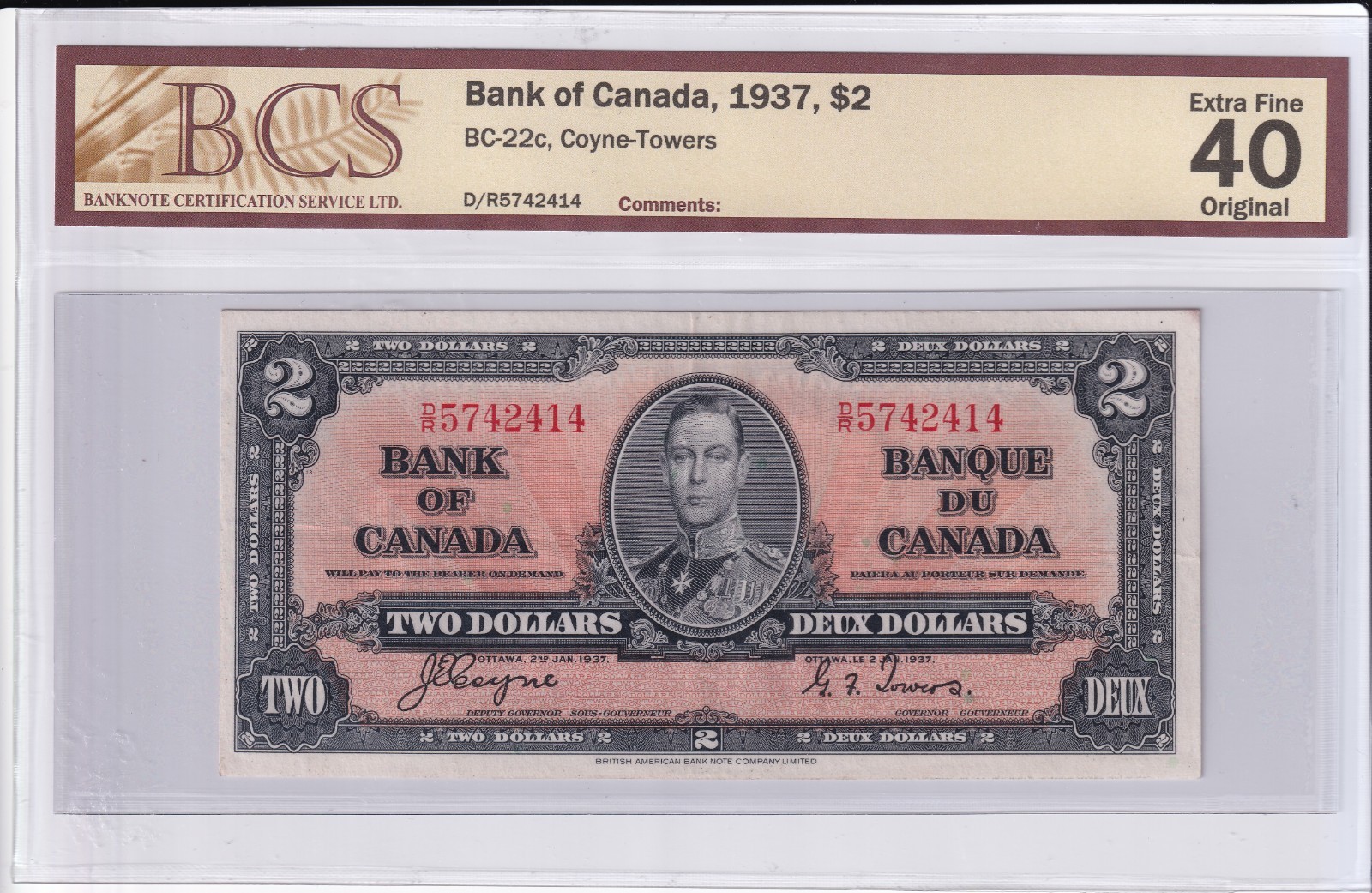 Canada 1937 $1 One Dollar Banknote Coyne - Towers BCS Graded Almost UNC 55