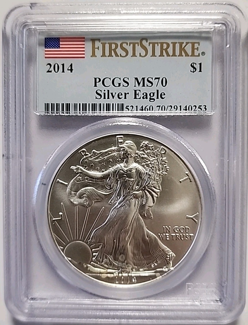 2014 $1 PCGS MS70 AMERICAN SILVER EAGLE - FIRST STRIKE - FLAG LABEL - MS 70