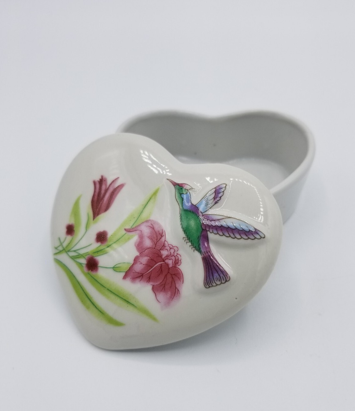 Heart Shaped Hummingbird Trinket Box Floral