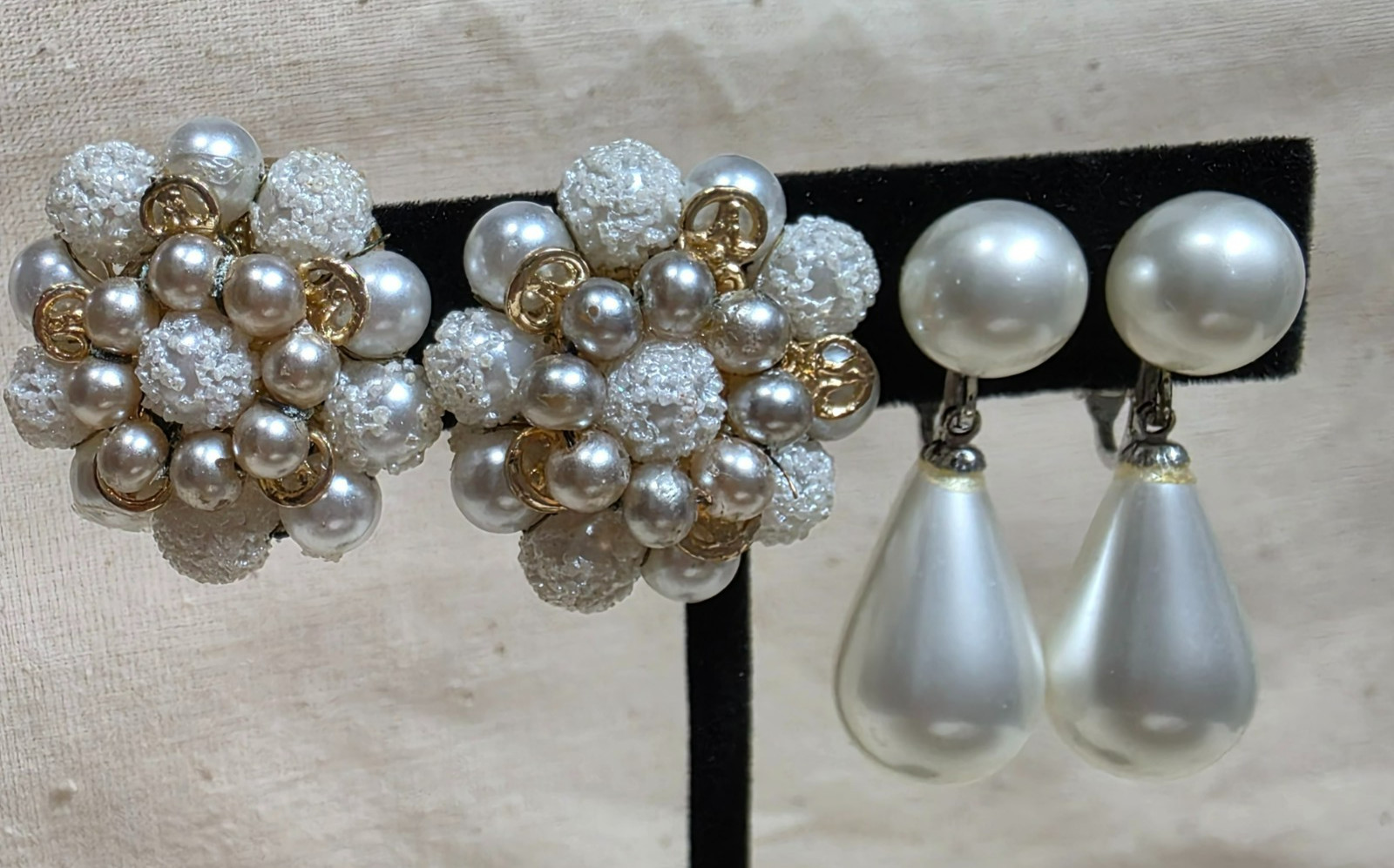 Vintage Clip-on Earrings Two Pair Faux Pearl Marked