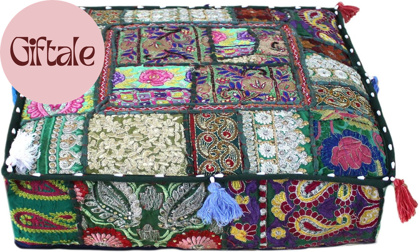 Indian Square Patchwork Traditional Pouf Cover Indian Living Room Poufs Decorati