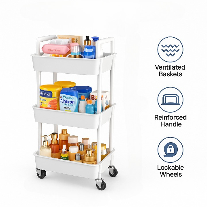 3 Tier Rolling Storage Cart with Wheels, Plastic Organizer for Kitchen Bathroom